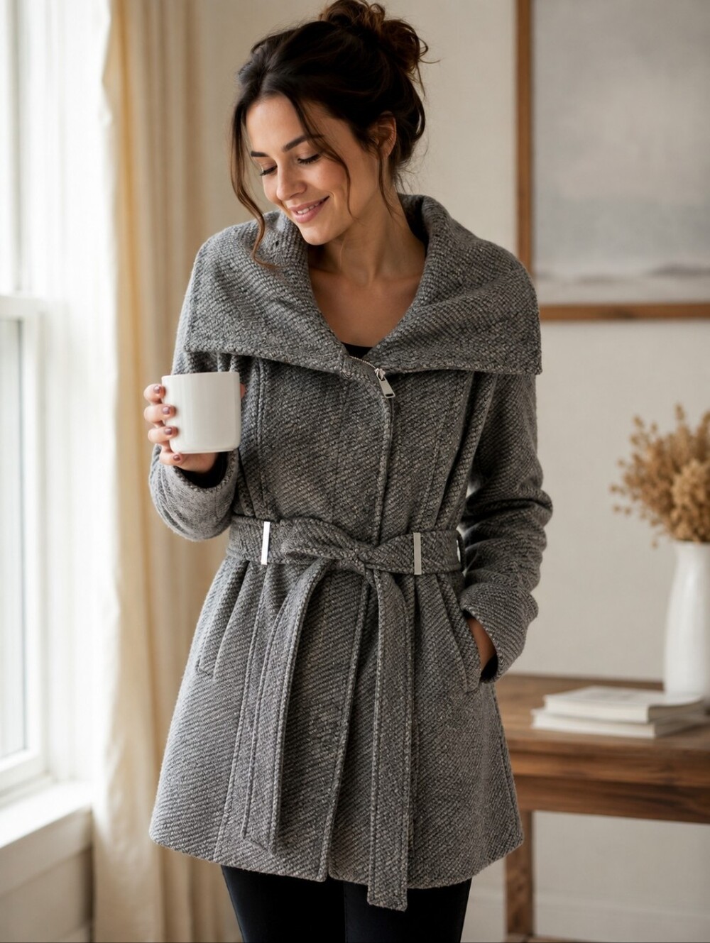 Calvin Klein Gray Wool Blend Coat Size M | Wide Collar Belted Tweed Jacket